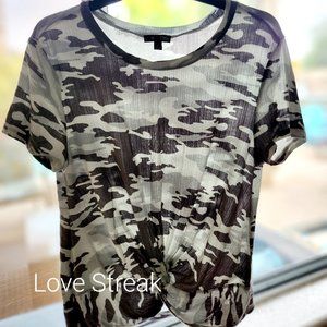 Camouflage top with knotted tie at bottom